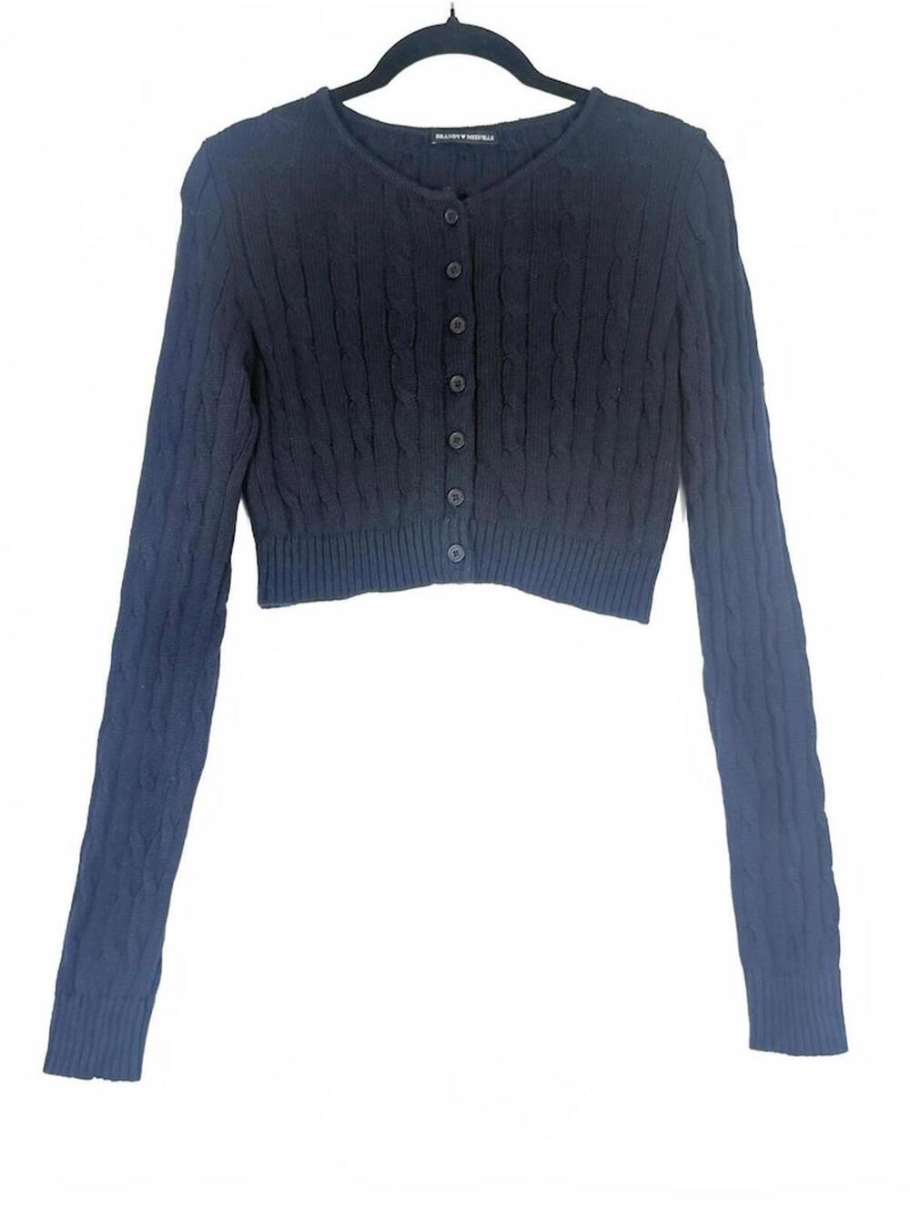 Brandy Melville Navy‎ Athelia Cable Knit Cropped Cardigan Sweater Women's OS